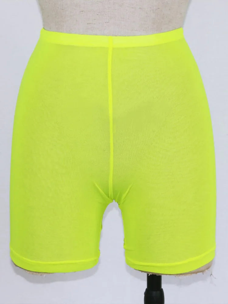 Stay stylish and comfortable with these yellow mesh transparent casual shorts for women—perfect for a fashionable and chic look! -