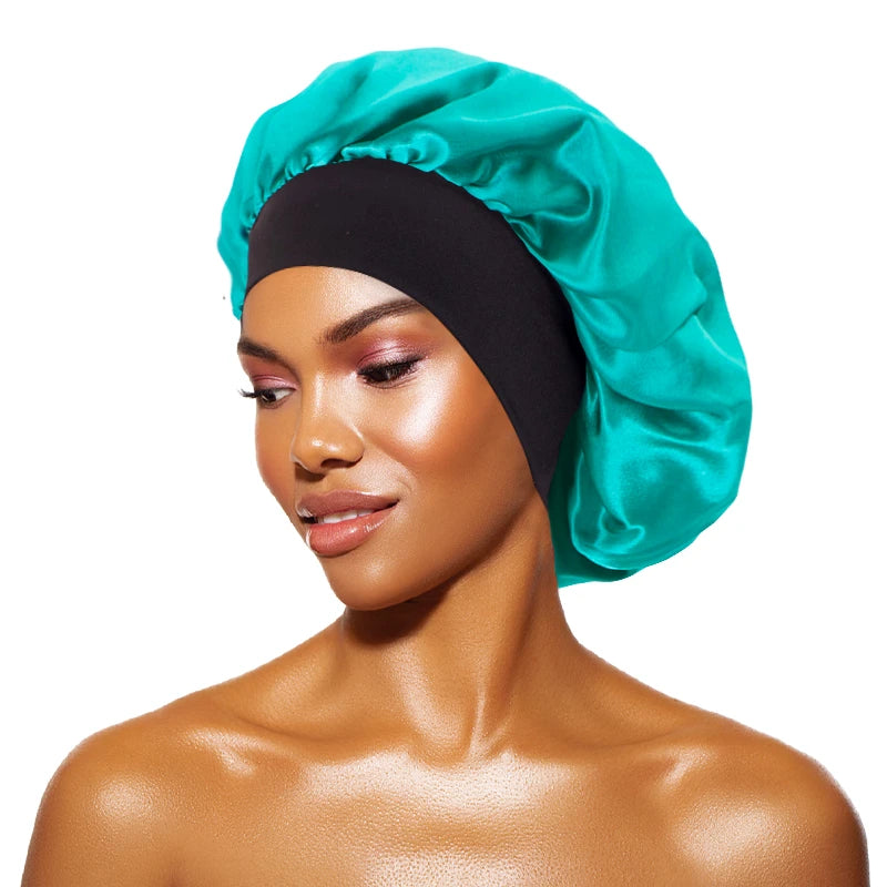 Protect your hair in style with these satin solid bonnets. Featuring a wide-brim design, these hats are perfect for night sleeping or bathing and are suitable for both men and women. -