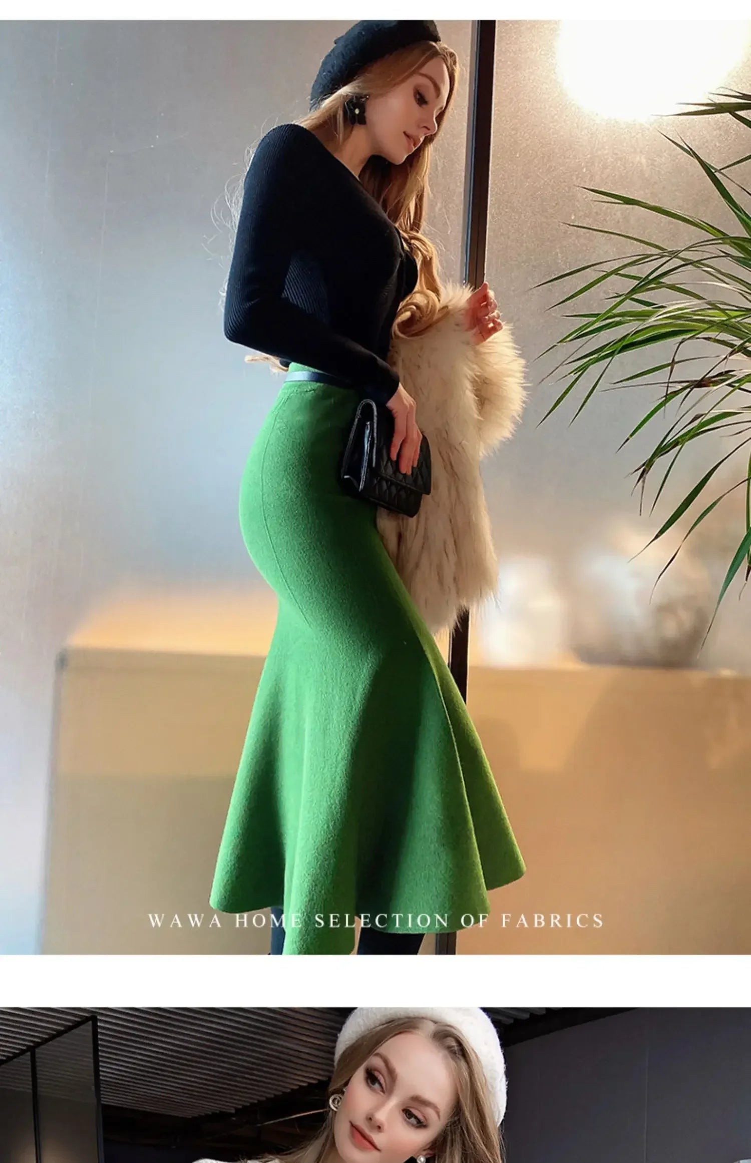 Women's Skirts Knitted Long Skirts for Women Fashion 2025 Autumn Winter Solid Color Green Vintage Slim A-LINE Skirts for Woman -