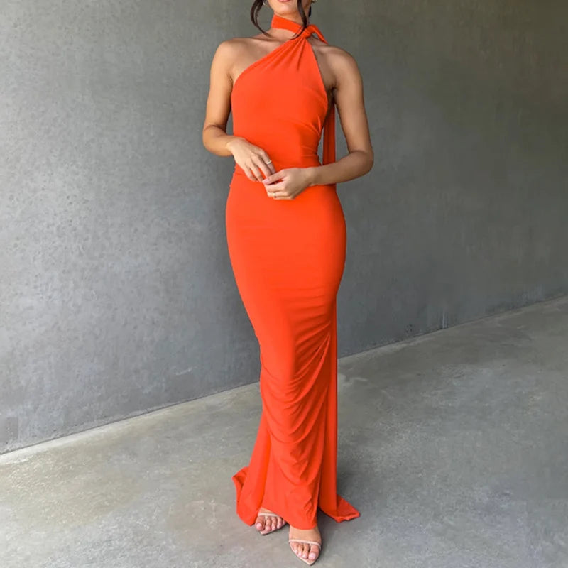 One Shoulder Sleeveless Backless Maxi Dress -