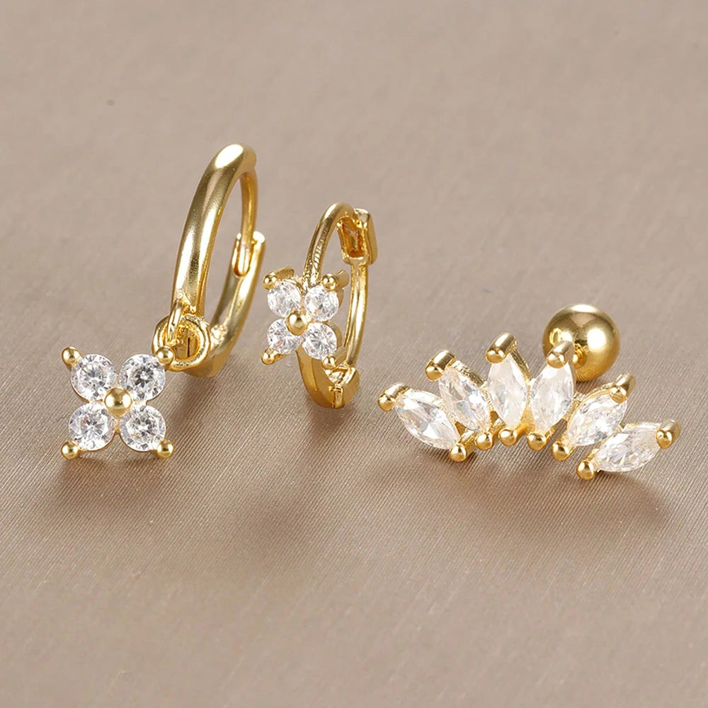 3PCS Stainless Steel Zircon Flower Earring Set for Women -