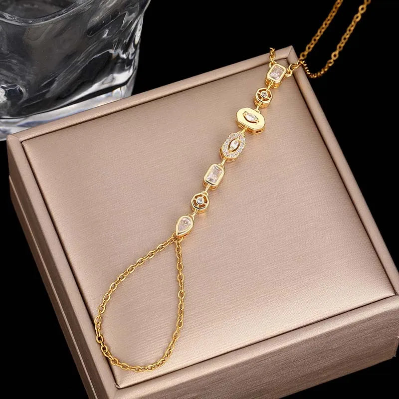 Stainless Steel Colorful Crystal Hand Chain Bracelet -