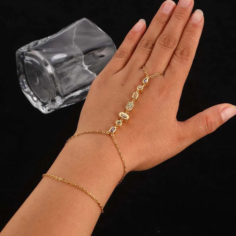 Stainless Steel Colorful Crystal Hand Chain Bracelet -