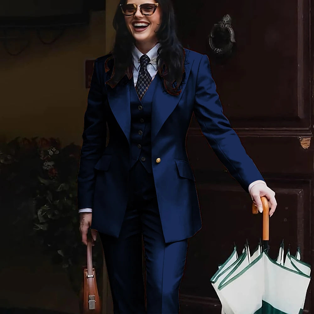 Autumn Retro Red Women's Jacket Pant Sets 3Piece Suit Single Button Peaked Lapel Blazer Formal Office Professional Outerwears -
