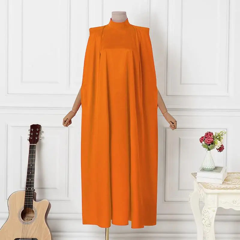 Plus Size 5XL VONDA 2023 Women Stand Collar Elegant Satin Dress Long Bat Sleeve Evening Pleated Maxi Sundress Casual Solid Robe -