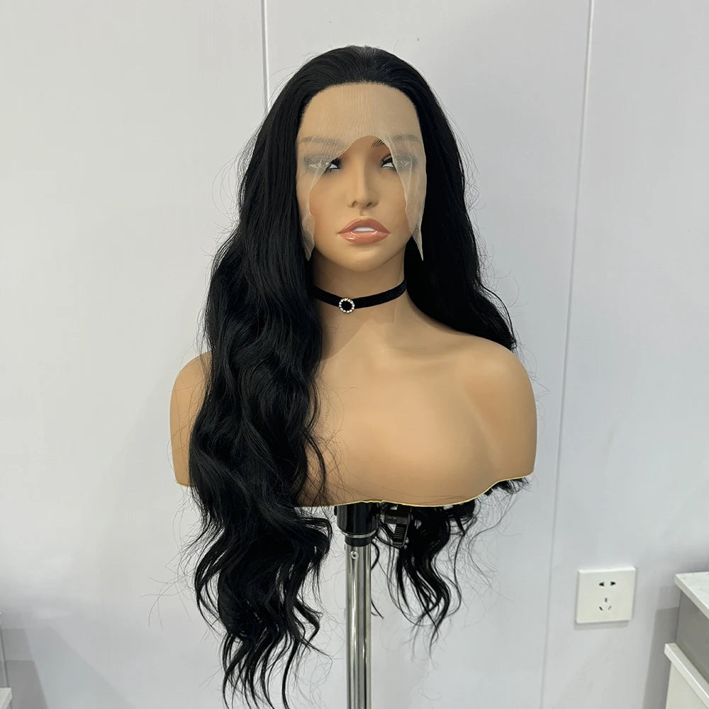 Achieve versatile and trendy looks with this black lace front wig. Featuring long, body wavy heat-resistant fiber, and a glueless design, this wig is perfect for effortless and stylish hair transformations. -