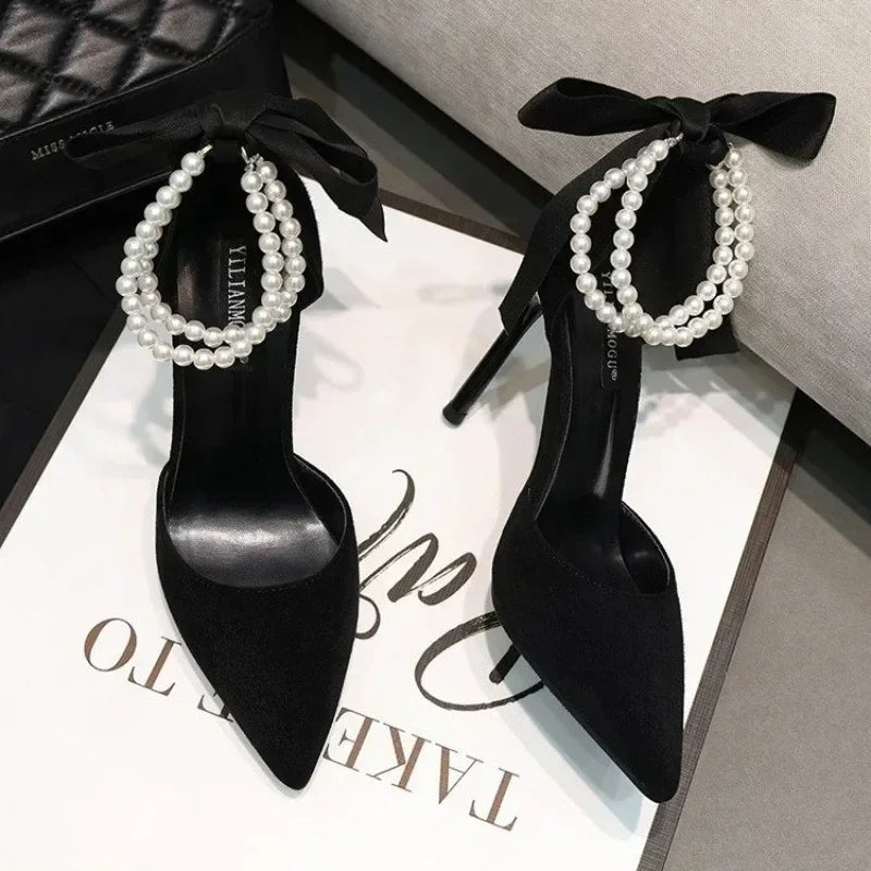 Shoes for Women 2023 Brand Spring Women's Pumps Pointed Toe Solid Flock Beads Bow Tie Buckle Shallow Mouth Novelty High Heels -