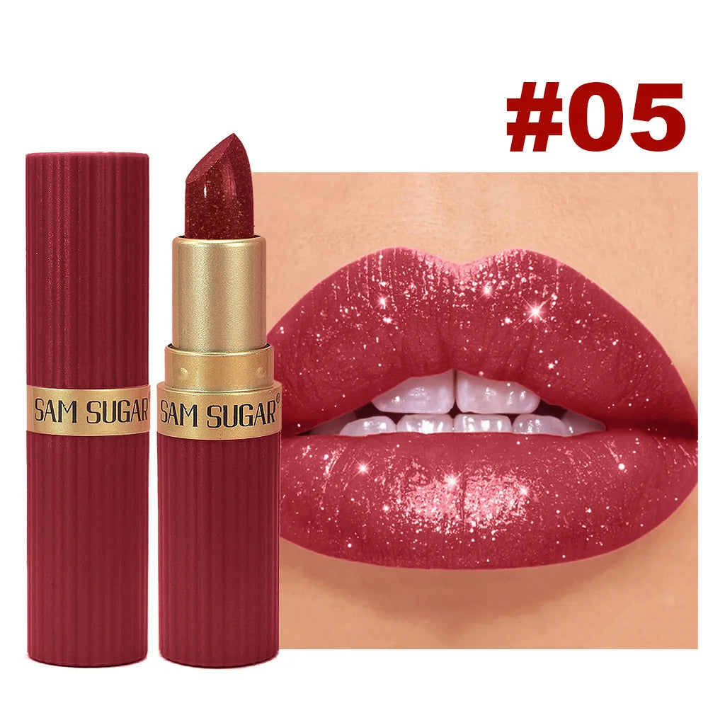 Pearlescent Pink Glitter Velvet Lipstick Metallic Waterproof Long Lasting Matte Shimmer Diamond Lipstick Women Makeup Cosmetic -