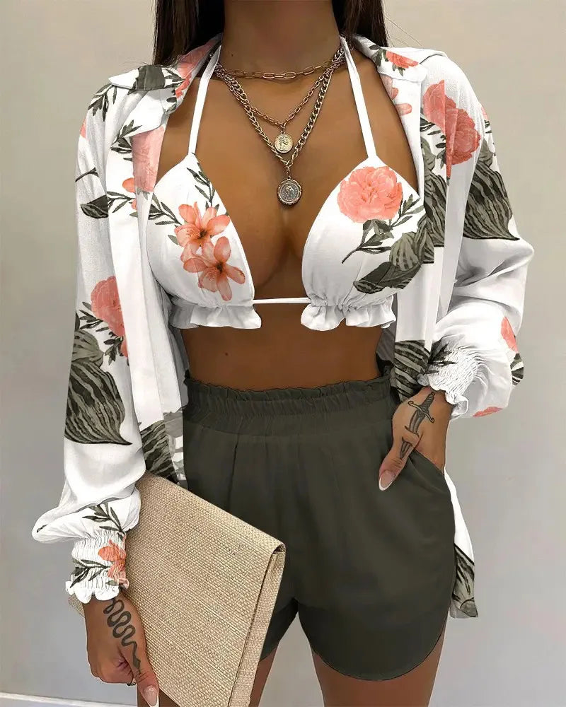 2024 New Bathing Suit Shorts Cover Up Summer Three Pieces Swimwear Sexy Beachwear High Waist Bikini Set Print Women's Swimsuit -