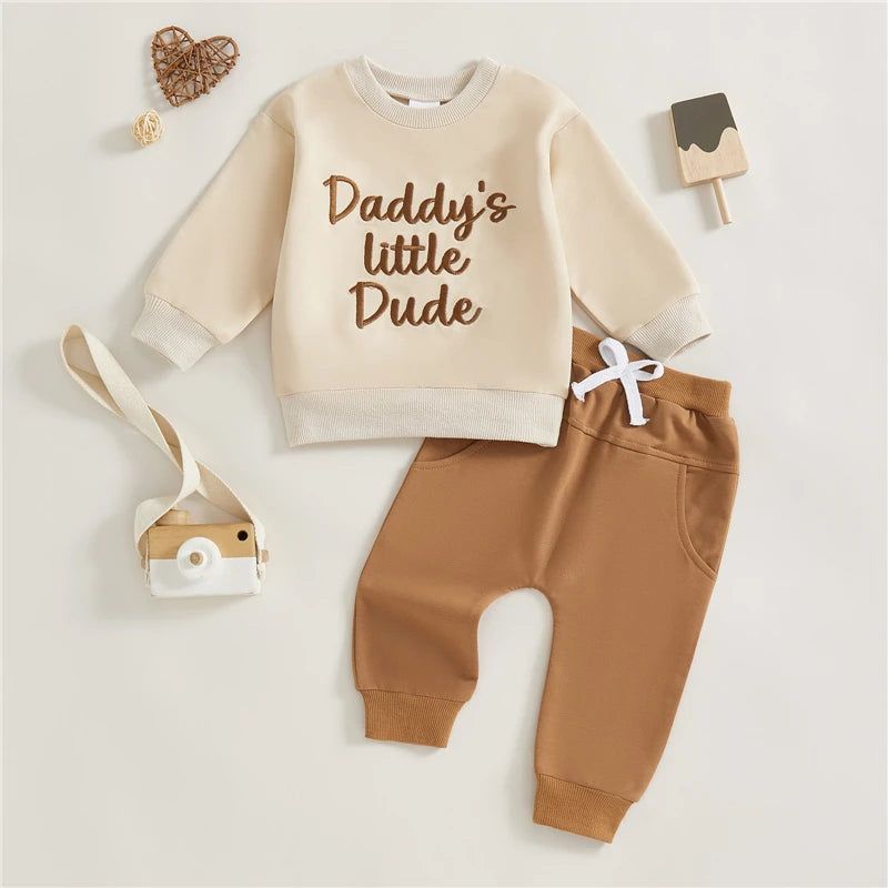 Toddler Baby Boy Winter Fall Outfit Letter Embroidered Sweatshirt and Solid Color Joggers 2 Piece Baby Boys Clothing Set -