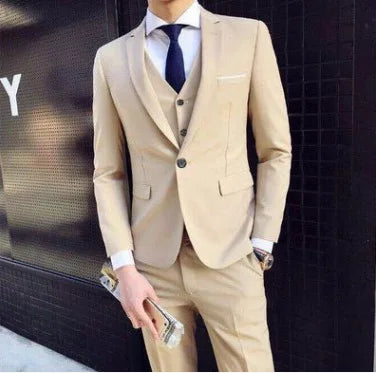 Spring Autumn New Fashion Men's Trendy Slim Business Solid Color 3 Pieces of Suits Sets Single Greasted Blazers Waistcoat Pants -