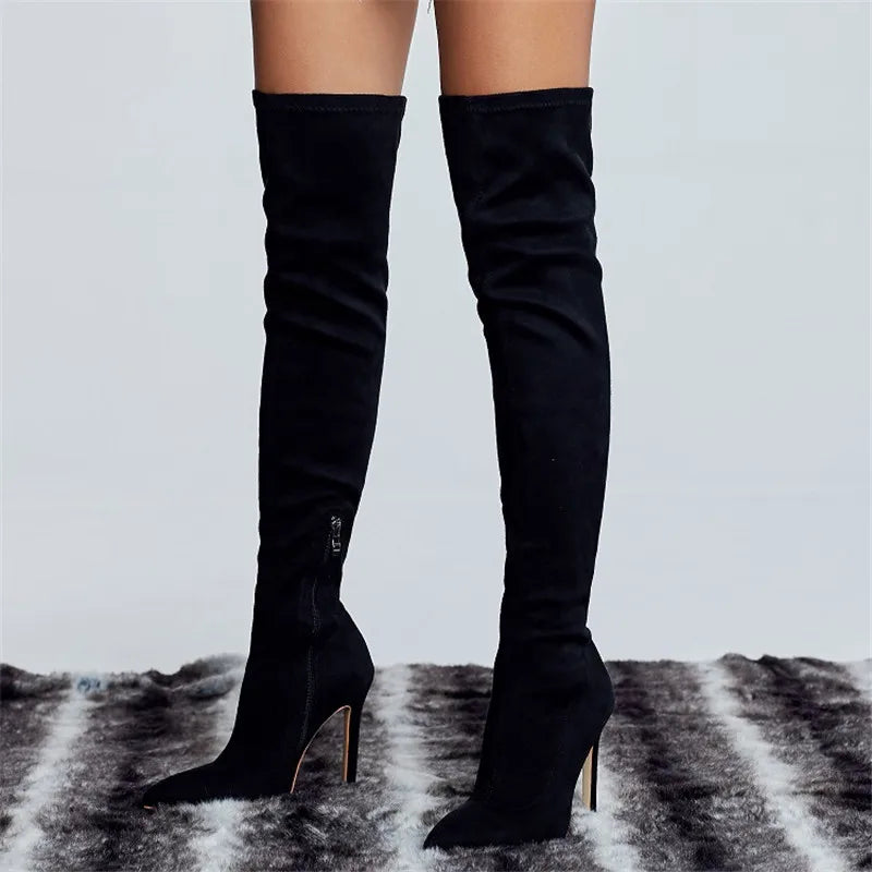 Eilyken Sexy Fashion Pointed Toe Over-The-Knee Boots Women Red Zipper High Heels Shoes Winter Striptease Motorcycle Long Botas -