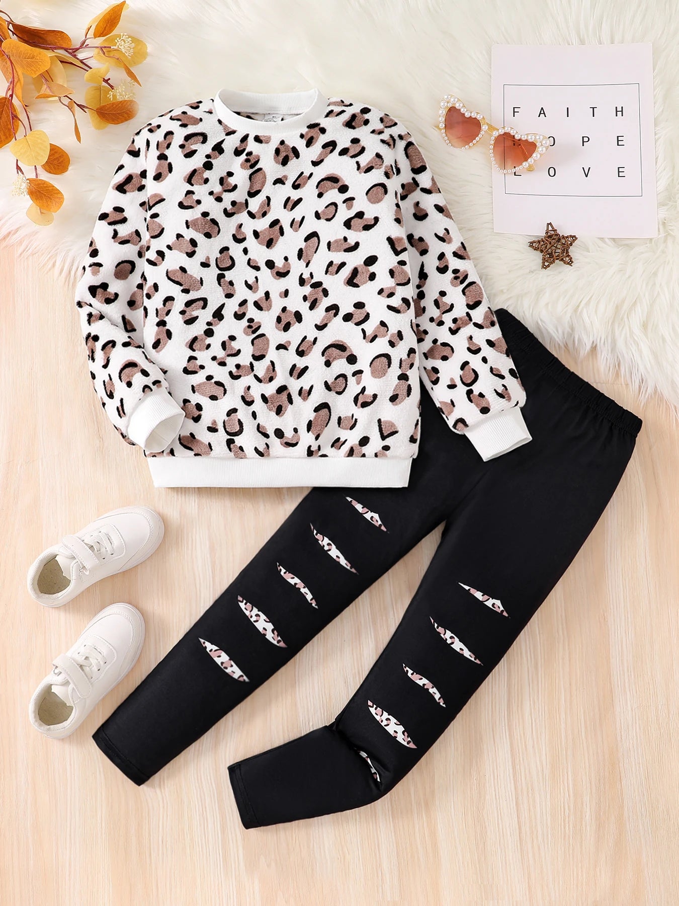 2 pieces fashion set leopard print round neck long sleeve top; solid color slim fit pants. -