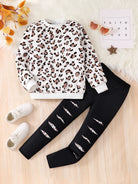 2 pieces fashion set leopard print round neck long sleeve top; solid color slim fit pants. -