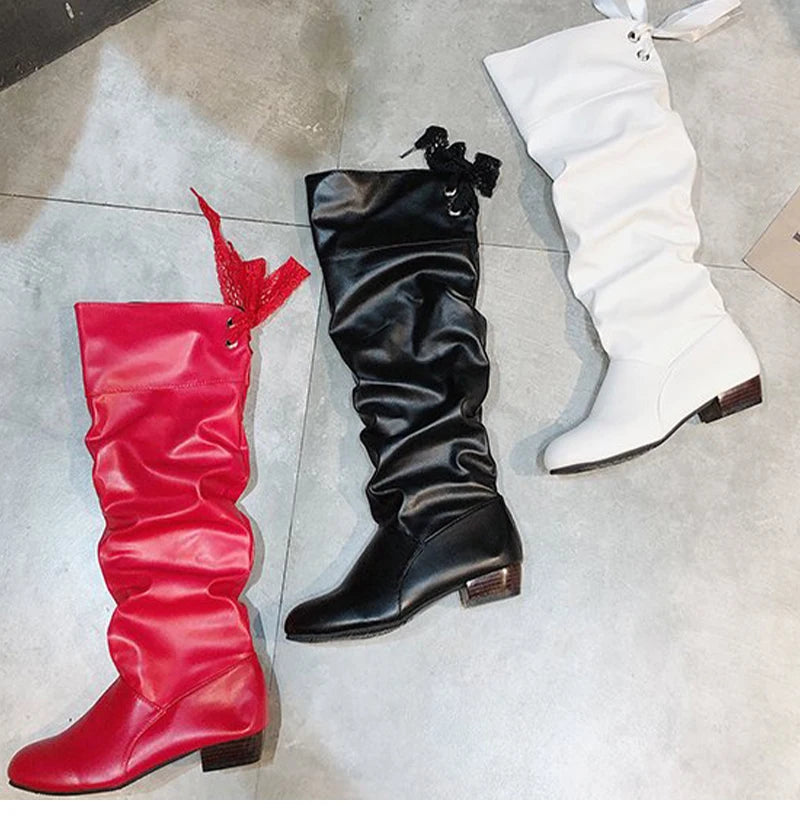 2023Shoes For Women Knee High Boots Red Black White Tall Boots Woman Pleated Low Heel Casual Leather Female Long Shoes -