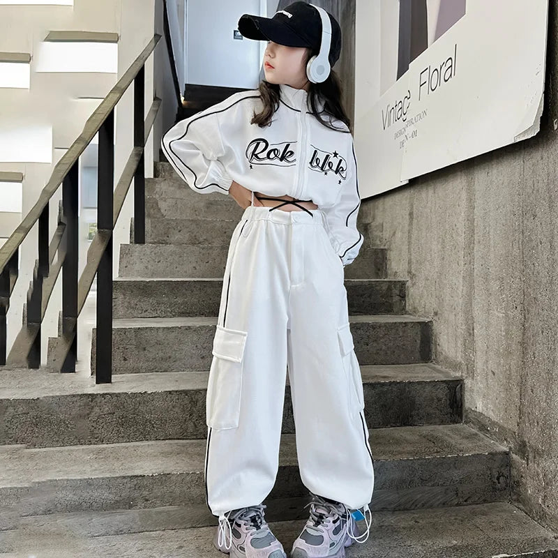 Teen children clothes Girl Dance Clothes Set Short Zipper Coat+Pants 2pcs Kids suit Tracksuits Clothing outfits 5 6 7 9 11 13 15 -