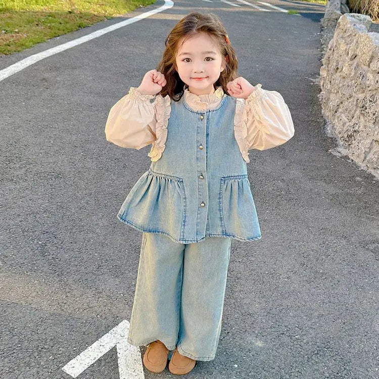 Children's Clothing Sets Girls Denim Vest + Long Sleeve Shirt + Wide Leg Pants Three-piece Suit Toddler Kids Boutique Clothes -