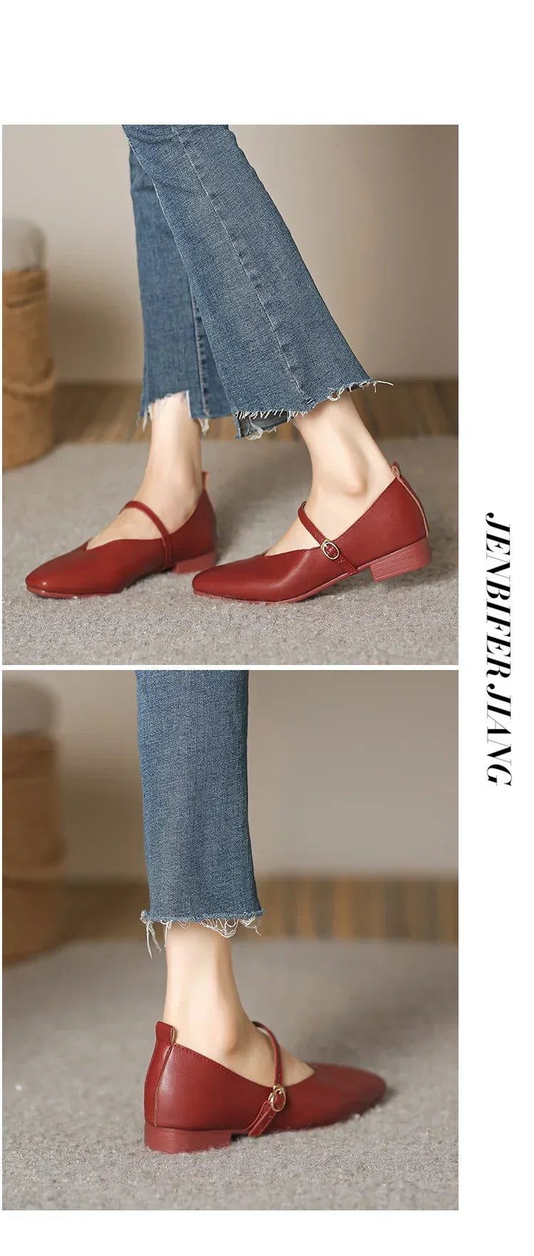 Woman Spring Casual Square Toe Low Soft Soled Shoes Lolita Ballerina Red Flats Female Elegant French Retro Buckle Mary Janes -