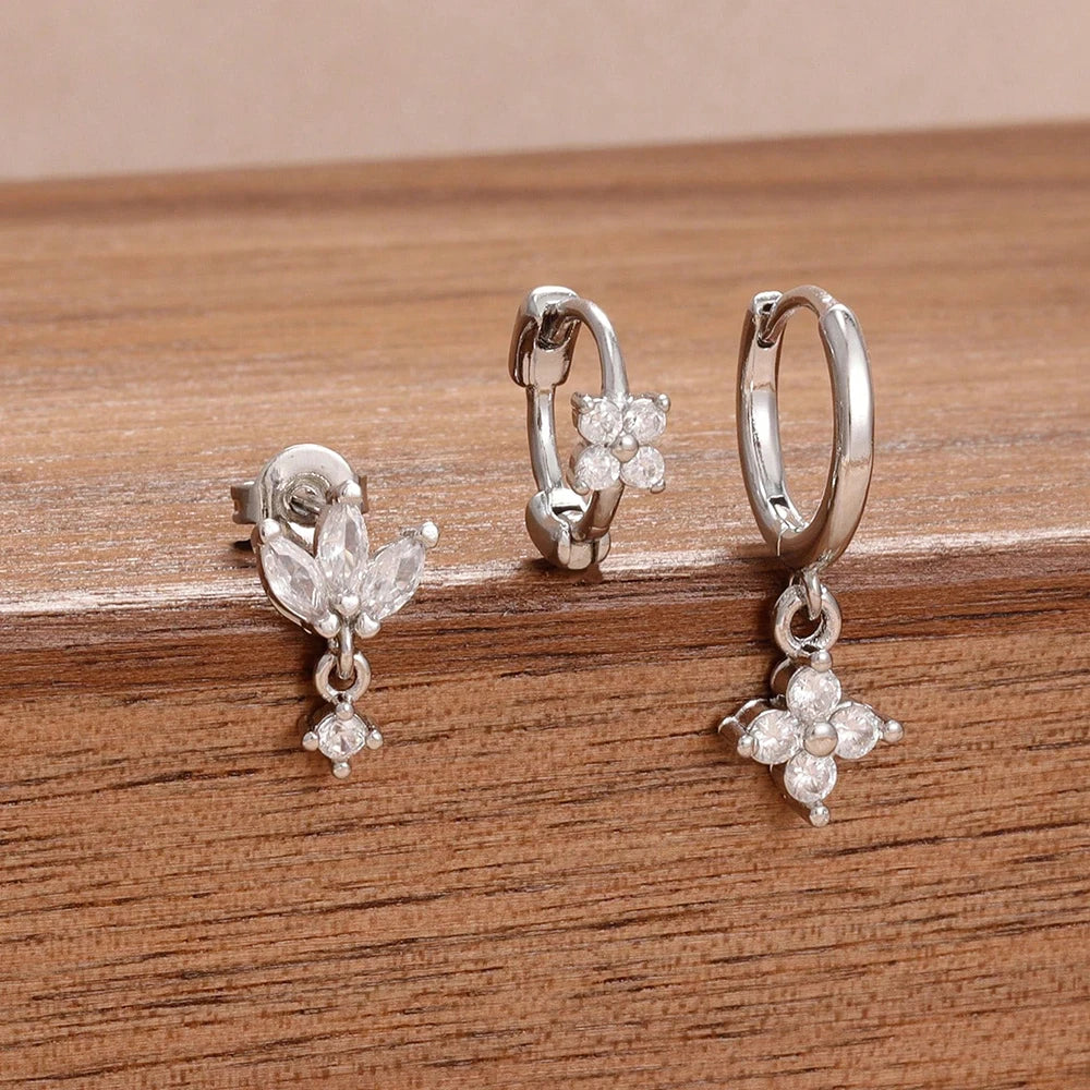 3PCS Stainless Steel Zircon Flower Earring Set for Women -