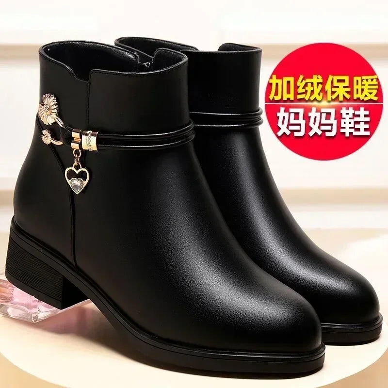 Winter Boots Women's Waterproof Warm Leather Mother Cotton Boots Fashion Black Mid heel Plush Snow Boots Soft Sole Short Boot -