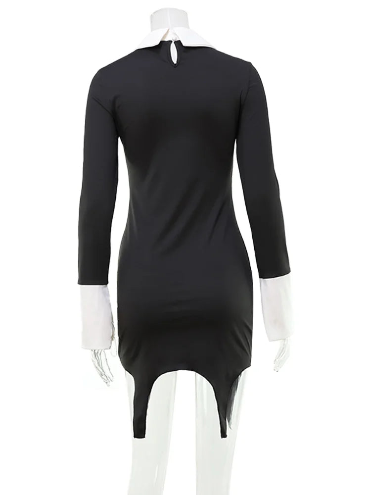 Turn-down Collar Solid Patchwork Long Sleeve Dress -