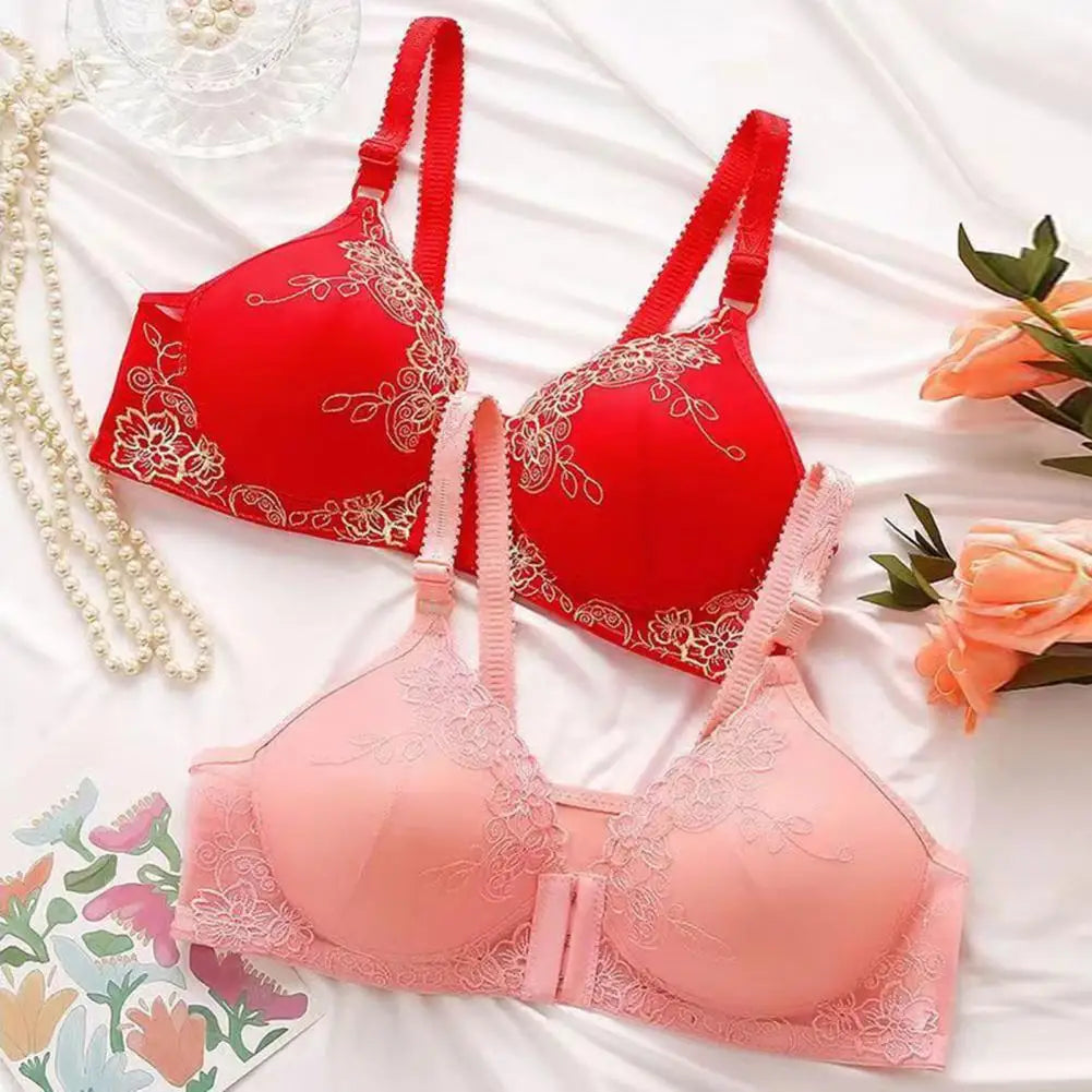 Adjustable Shoulder Strap Bra Supportive Lace Jacquard Trim Bras for Comfortable Lightweight Middle-aged Elderly Women -