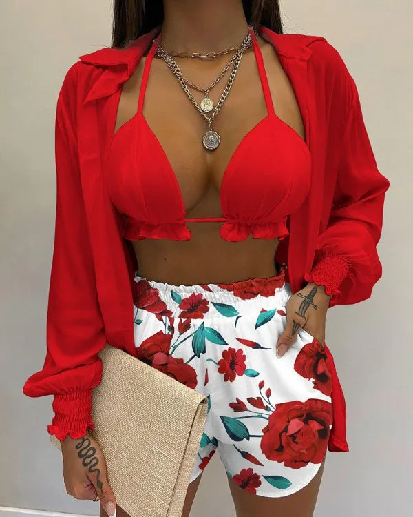 2024 New Bathing Suit Shorts Cover Up Summer Three Pieces Swimwear Sexy Beachwear High Waist Bikini Set Print Women's Swimsuit -