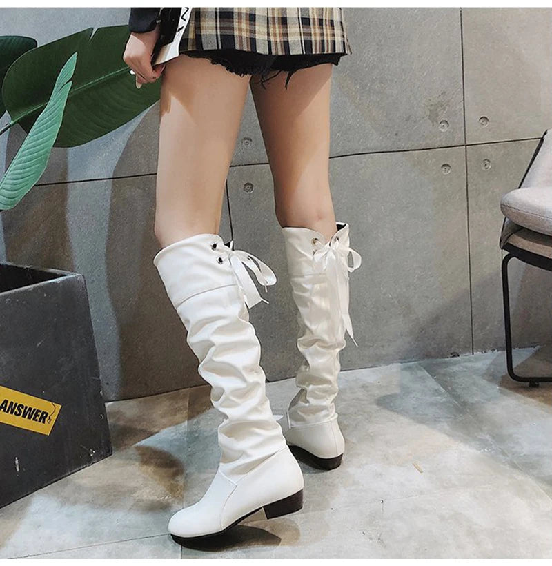 2023Shoes For Women Knee High Boots Red Black White Tall Boots Woman Pleated Low Heel Casual Leather Female Long Shoes -