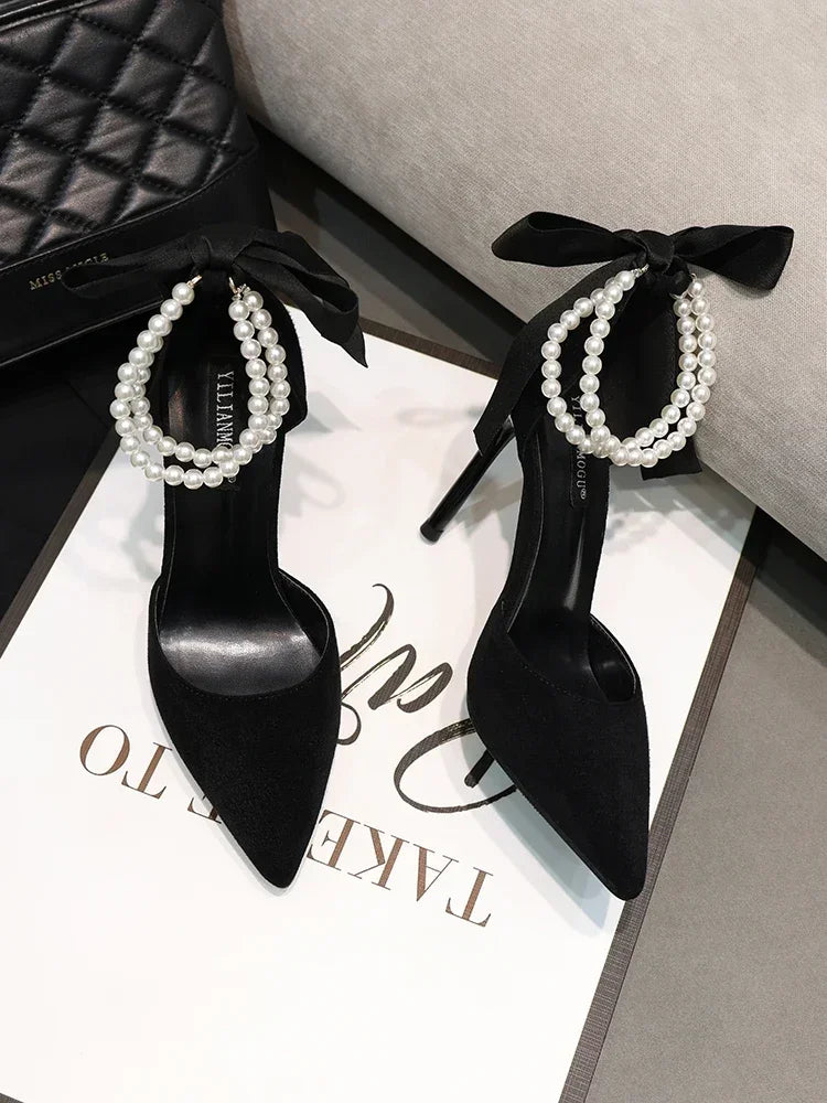 Shoes for Women 2023 Brand Spring Women's Pumps Pointed Toe Solid Flock Beads Bow Tie Buckle Shallow Mouth Novelty High Heels -