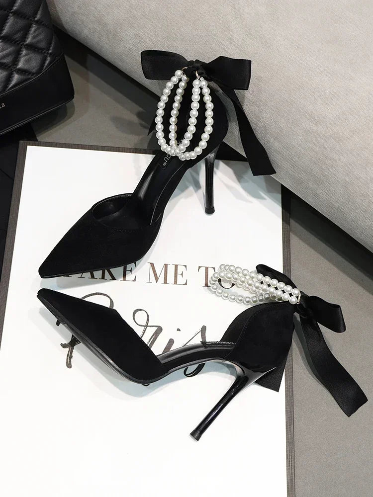 Shoes for Women 2023 Brand Spring Women's Pumps Pointed Toe Solid Flock Beads Bow Tie Buckle Shallow Mouth Novelty High Heels -