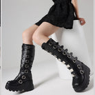 GIGIFOX Goth Metal Buckle Combat Mid-Calf Boots For Women Round Toe Platform Chunky High Wedges Cool Fashion Motorcycle Boots -