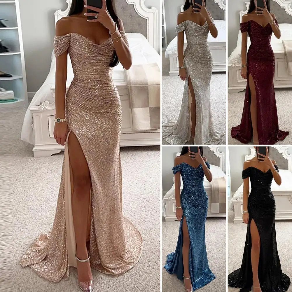 Dazzle in style with this sequin pleated maxi dress featuring short sleeves and a waist-tight silhouette—perfect for showcasing sophistication and glamour! -