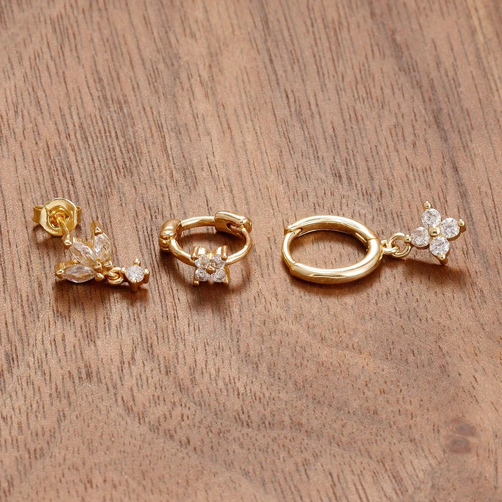 3PCS Stainless Steel Zircon Flower Earring Set for Women -