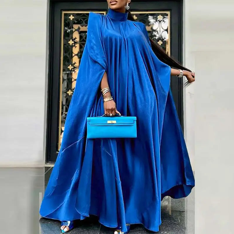 Plus Size 5XL VONDA 2023 Women Stand Collar Elegant Satin Dress Long Bat Sleeve Evening Pleated Maxi Sundress Casual Solid Robe -