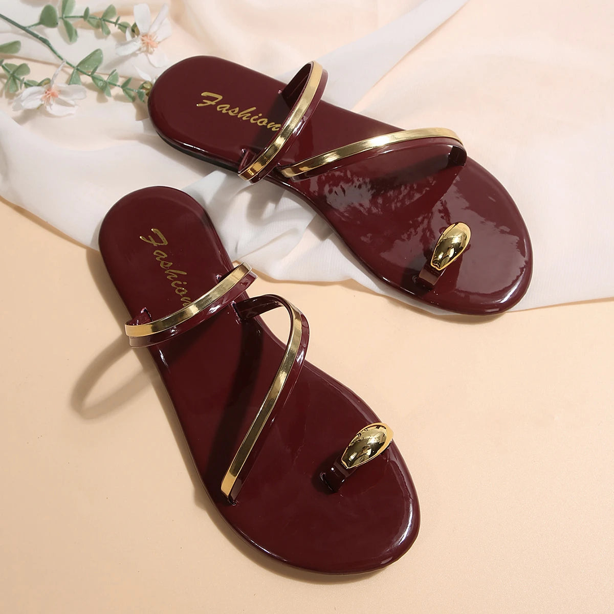 Wine Red Clip Toe Non Slip Slides Flats -