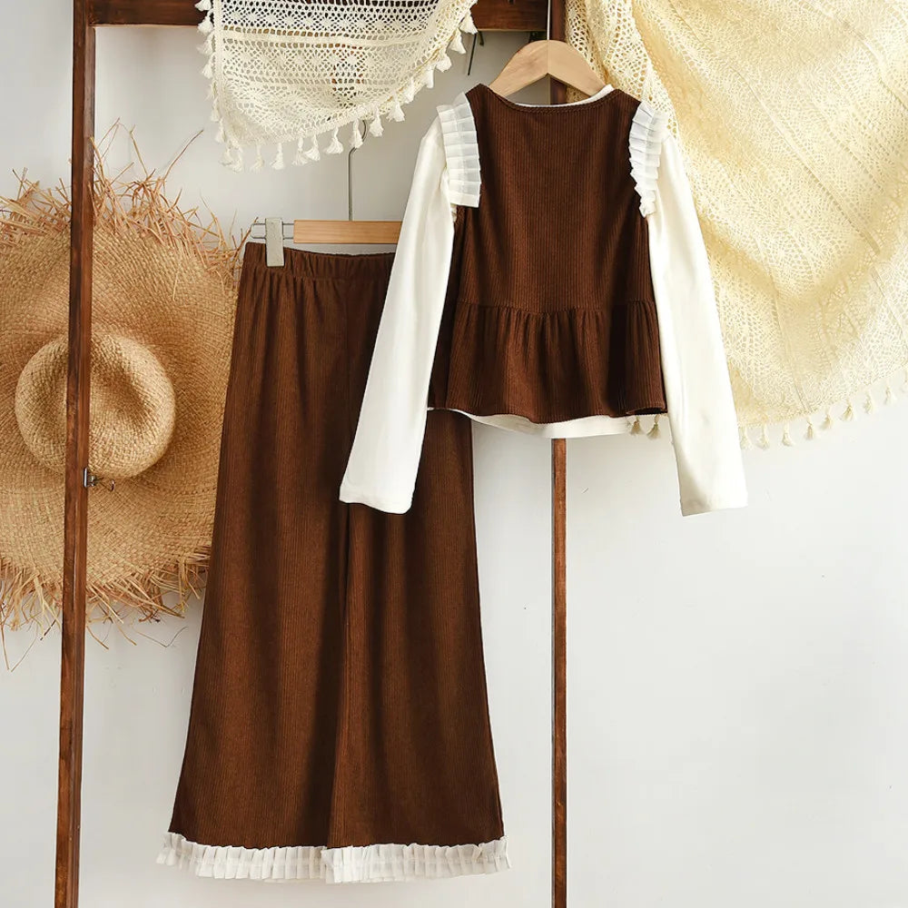 Clothes for Children Aged 8-12 Autumn New Long Sleeved T-shirt Top + Coffee Colored Vest + Pants Three Piece Set Girls Suit -