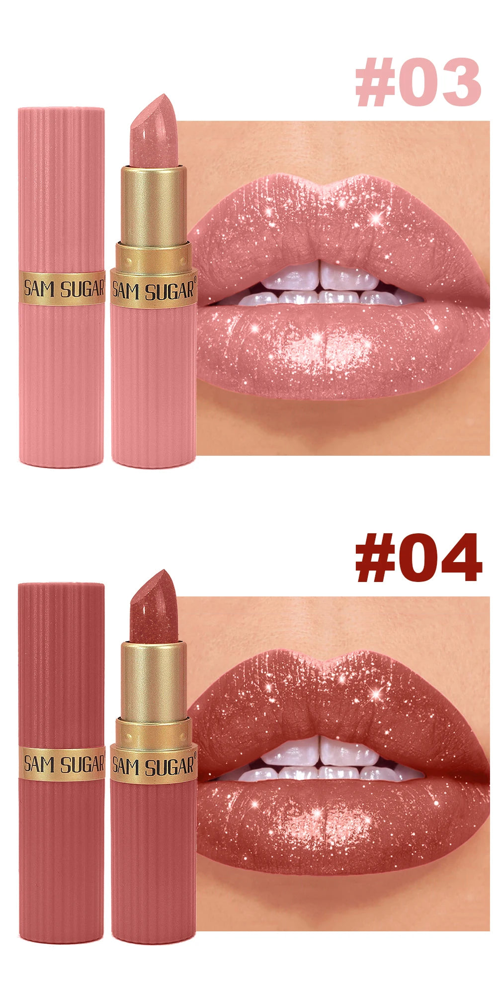 Achieve a bold and glamorous look with this pearlescent pink glitter velvet lipstick. The metallic finish adds a touch of sparkle to your lips, while the waterproof formula ensures long-lasting wear for a stunning and shimmery pout. -