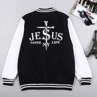 Make a statement with this preppy-style baseball jacket featuring a Jesus Saved My Life letter graphic. This unique design adds a touch of faith-inspired fashion to your look. -