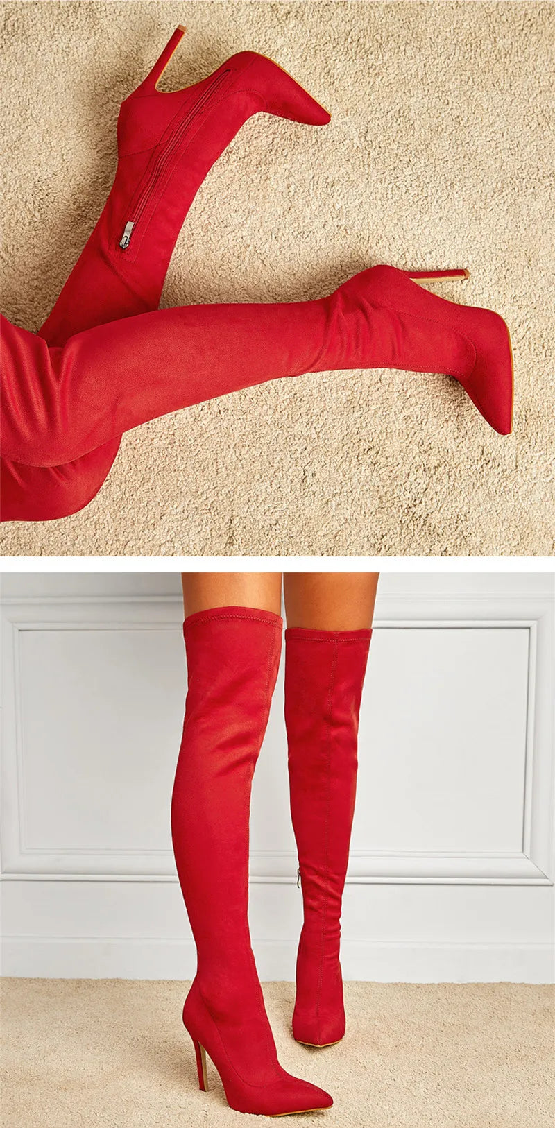 Eilyken Sexy Fashion Pointed Toe Over-The-Knee Boots Women Red Zipper High Heels Shoes Winter Striptease Motorcycle Long Botas -
