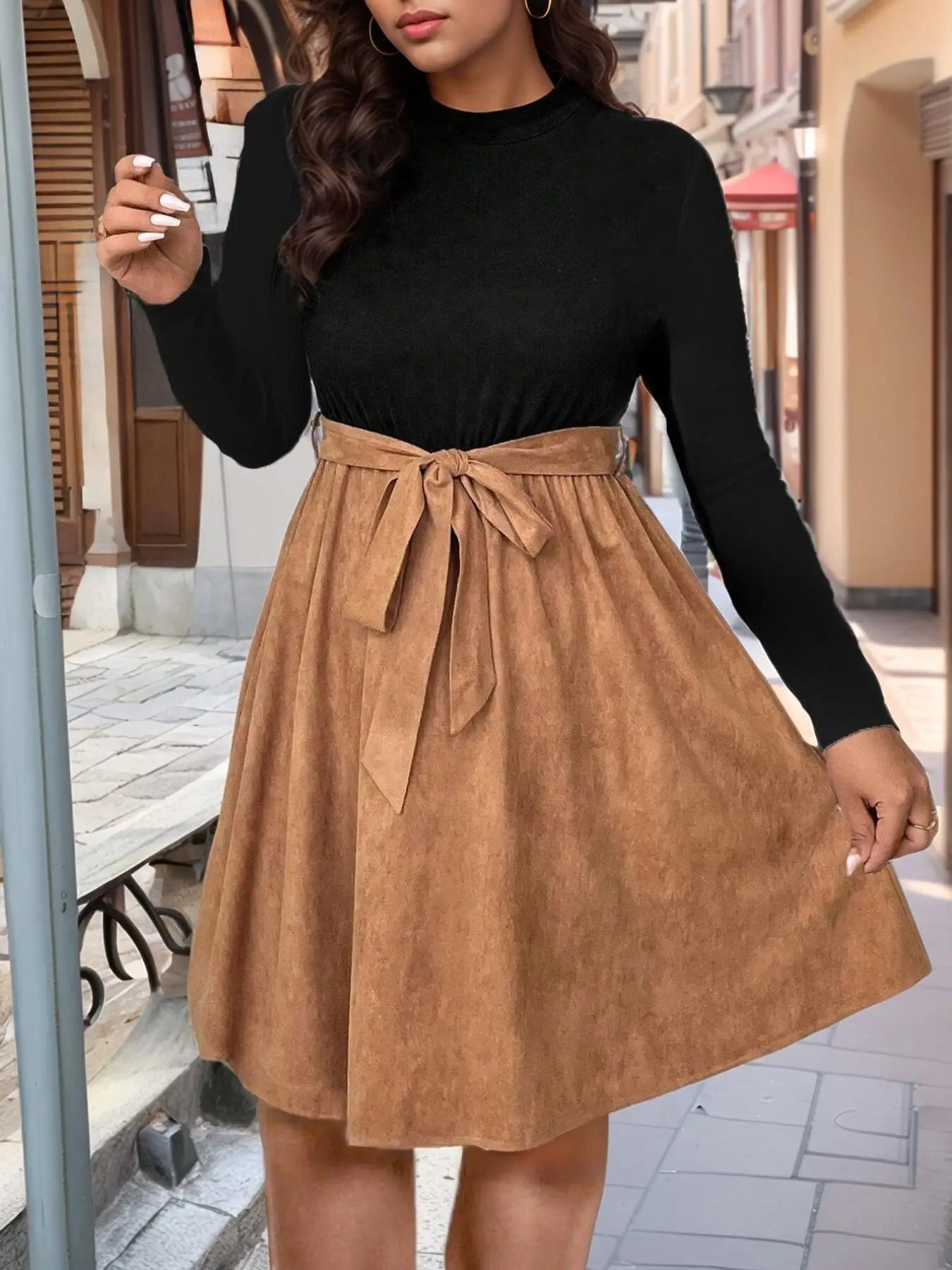 Women's patchwork dress with two-color waistband, plus size, autumn and winter, large size, double-color belt, A-line dress, can -