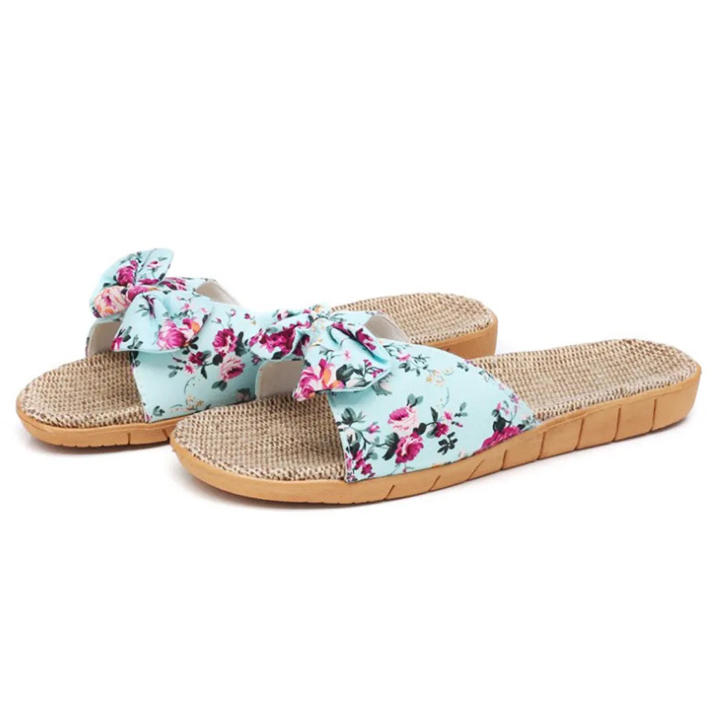 Ladies' Bohemian Style Bow Flower Linen Slippers Sandals Beach Shoes Home Shoes Beach Slippers Indoor Non Slip Shoes 2024 -
