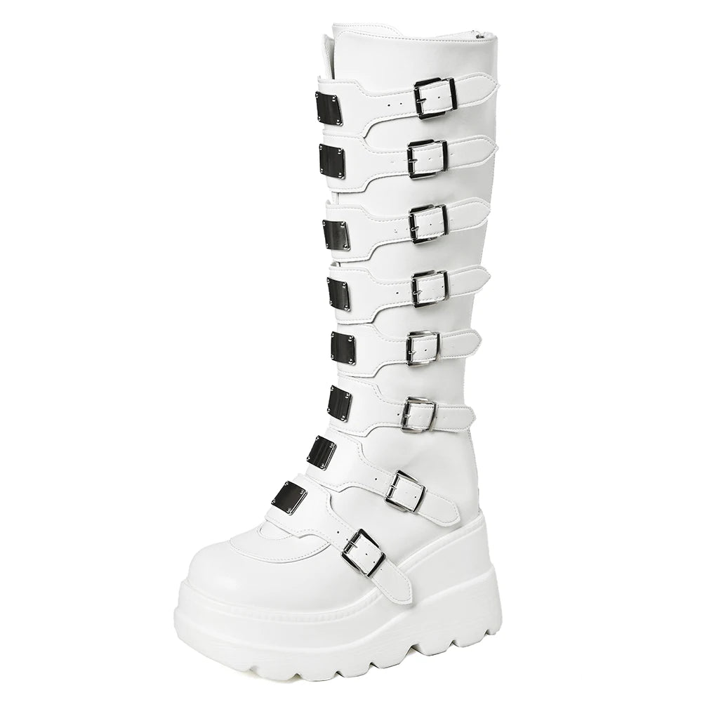 GIGIFOX Goth Metal Buckle Combat Mid-Calf Boots For Women Round Toe Platform Chunky High Wedges Cool Fashion Motorcycle Boots -
