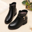 Winter Boots Women's Waterproof Warm Leather Mother Cotton Boots Fashion Black Mid heel Plush Snow Boots Soft Sole Short Boot -