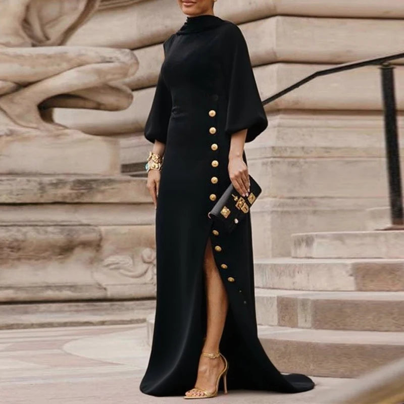 Modigirl Wedding Prom Evening Gown Party Slit Maxi Dresses for Woman 2025 New Lace Up Gold Button Womens Black Autumn Long Dress -