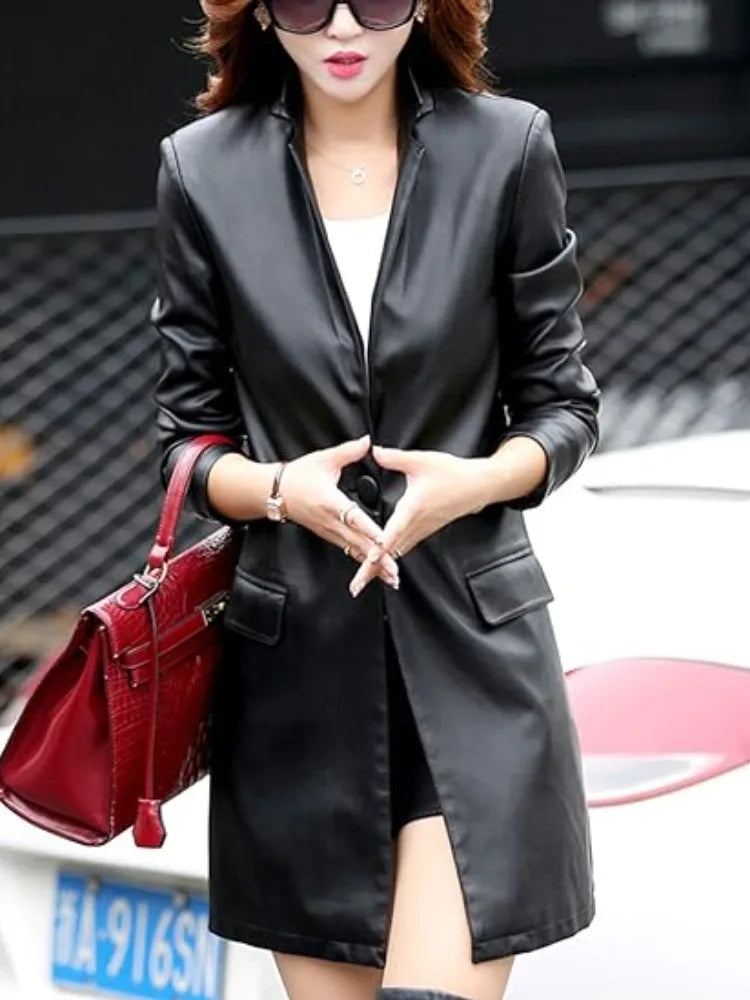 Women's Leather Suit Collar Jacket -