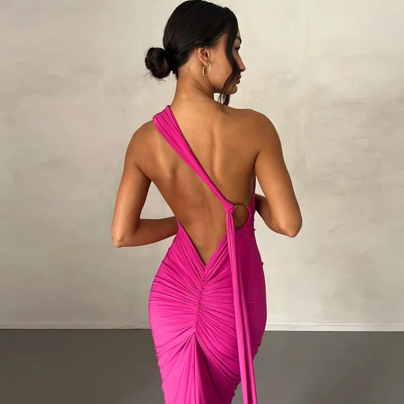 One Shoulder Sleeveless Backless Maxi Dress -