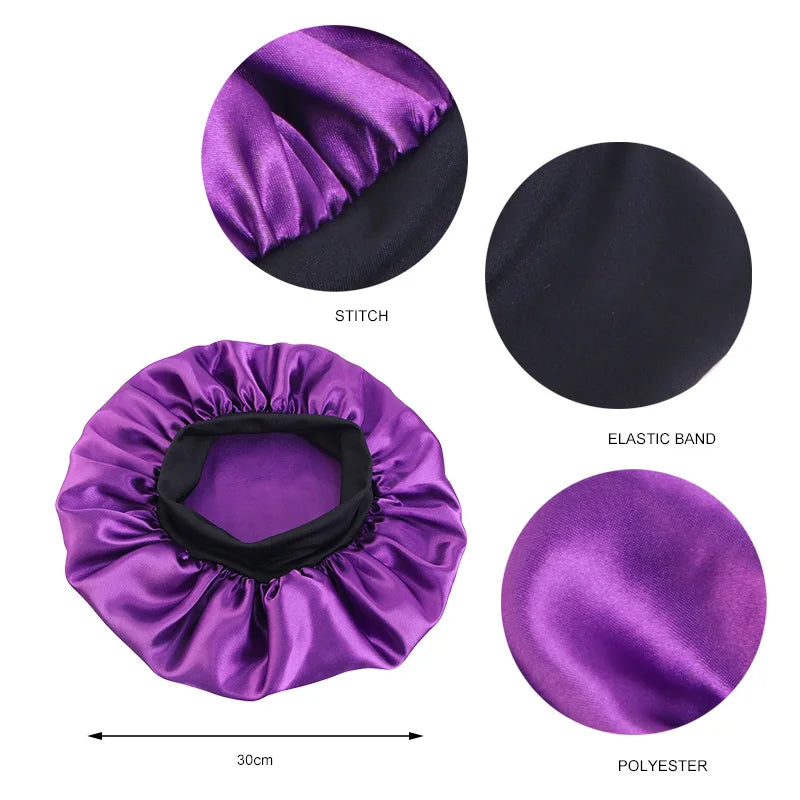 Protect your hair in style with these satin solid bonnets. Featuring a wide-brim design, these hats are perfect for night sleeping or bathing and are suitable for both men and women. -
