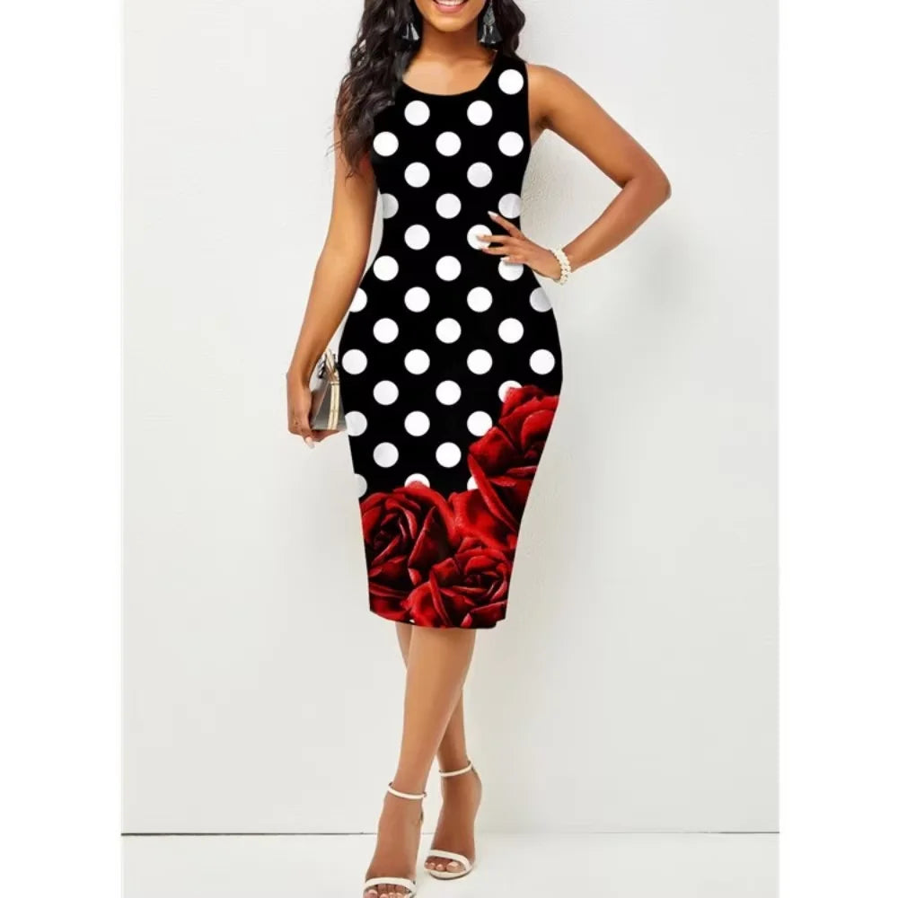 Plus Size Midi Dress for Women Elegant Print Party Dress 2024 Sleeveless Slim Dress -