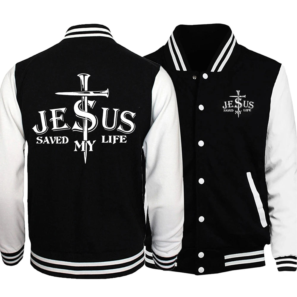 Make a statement with this preppy-style baseball jacket featuring a Jesus Saved My Life letter graphic. This unique design adds a touch of faith-inspired fashion to your look. -