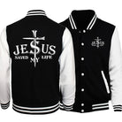 Make a statement with this preppy-style baseball jacket featuring a Jesus Saved My Life letter graphic. This unique design adds a touch of faith-inspired fashion to your look. -